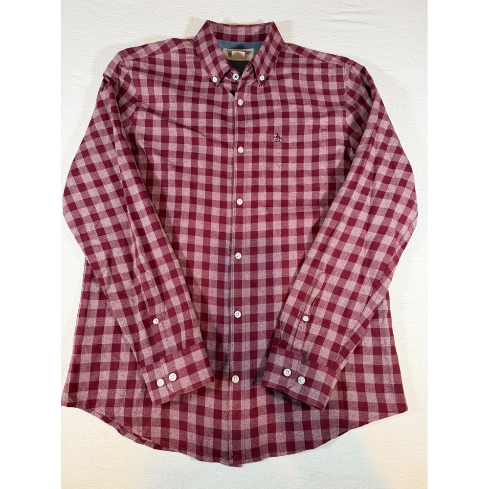 Original Penguin Mens Burgundy Gingham Long Sleeve Button Down Shirt Large